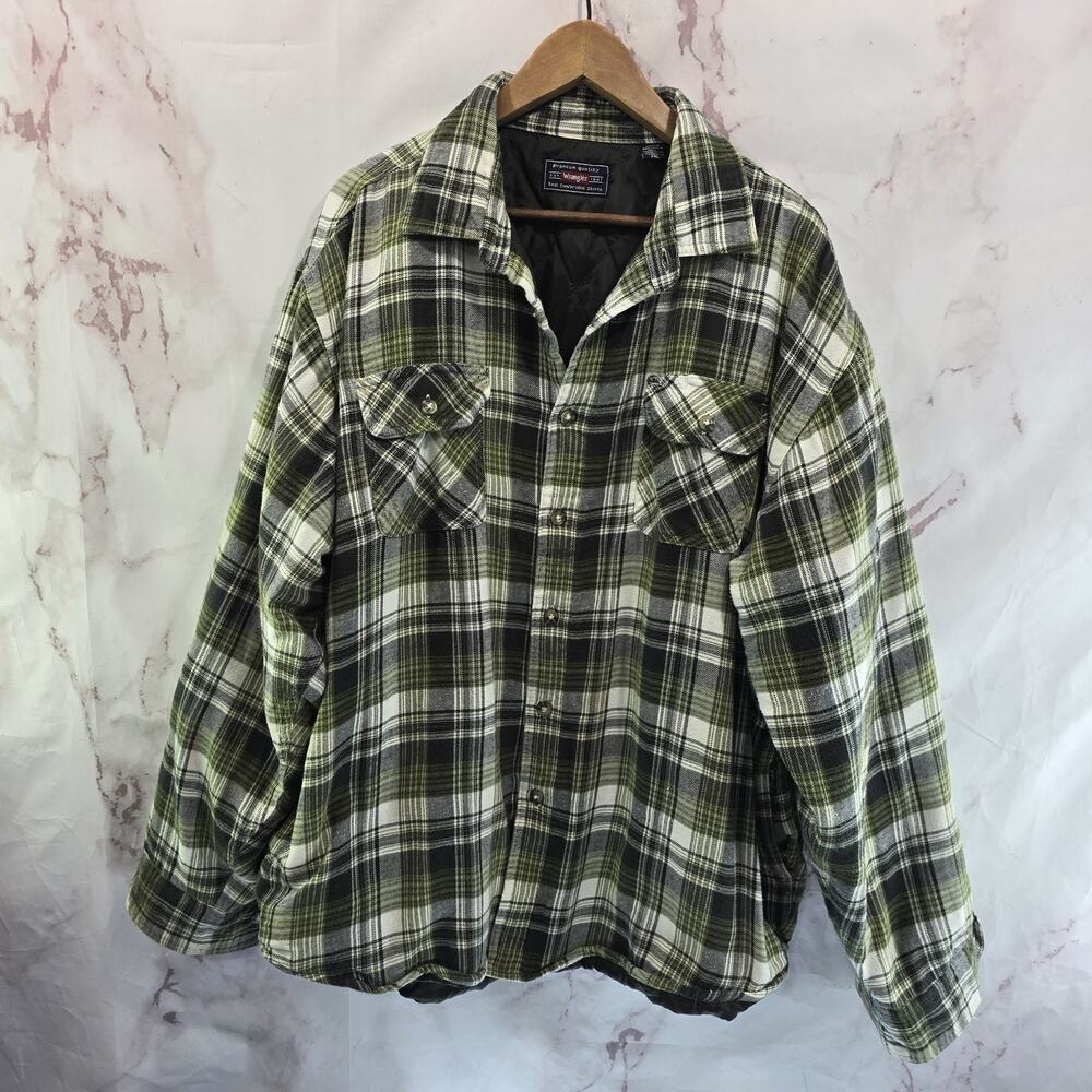 Vintage Wrangler Shirt Jacket Mens 2XL Green Flannel Shacket Quilted Lined